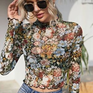 Fall floral mesh mock neck top